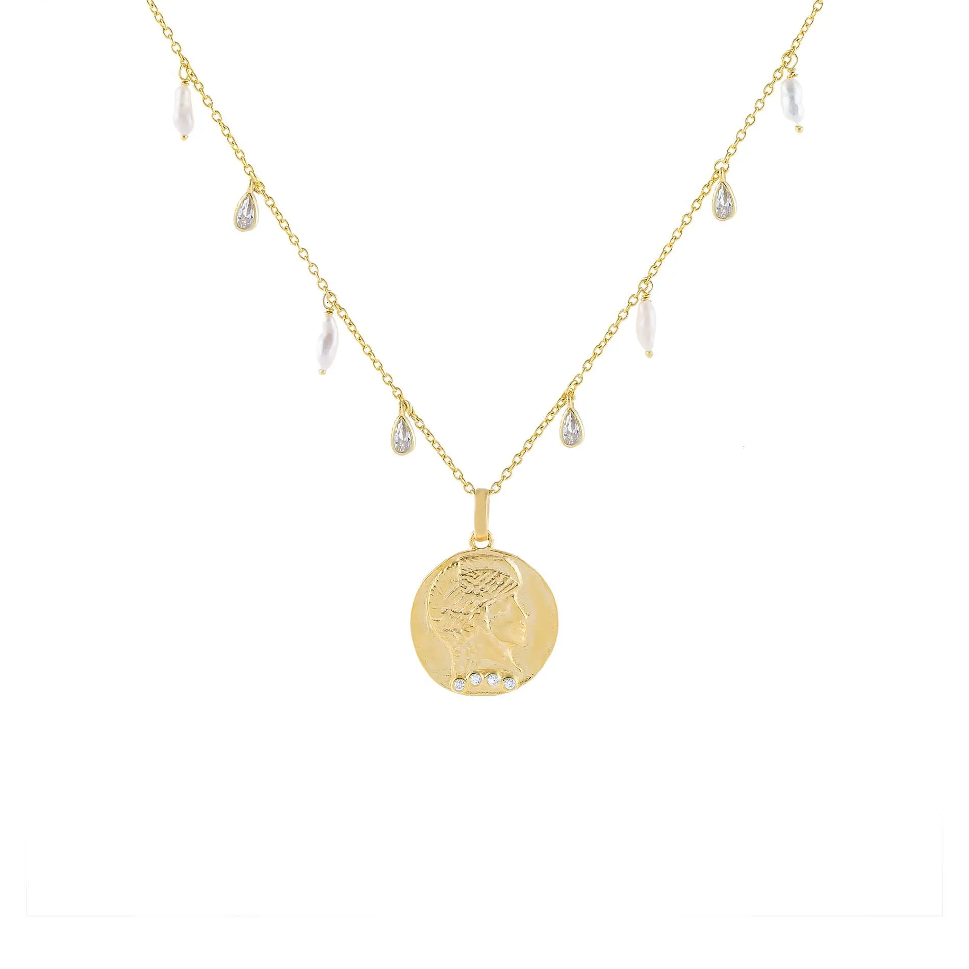 CZ X Pearl Coin Necklace sold by Adina Eden's