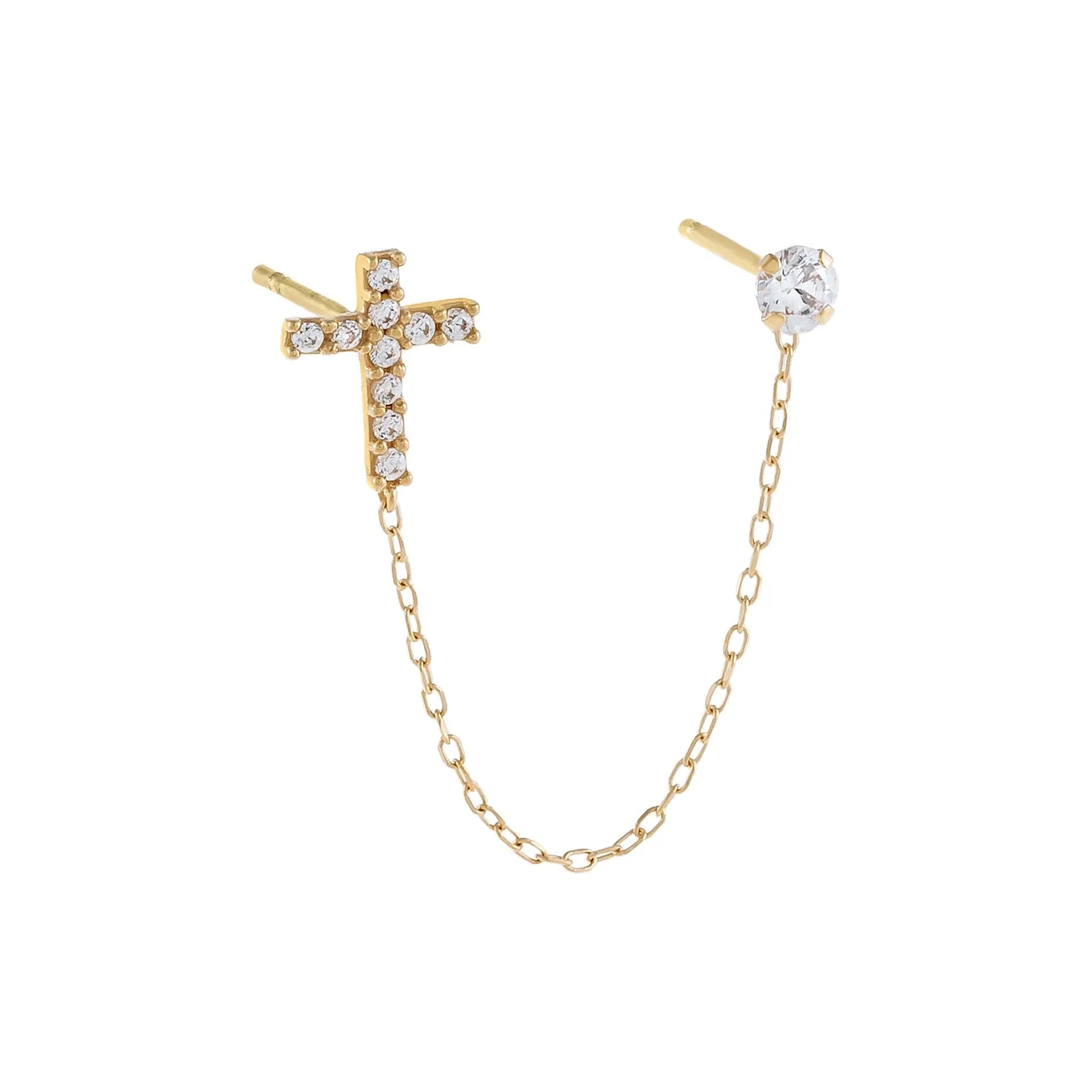 CZ Cross X Solitaire Chain Stud Earring 14K sold by Adina Eden's