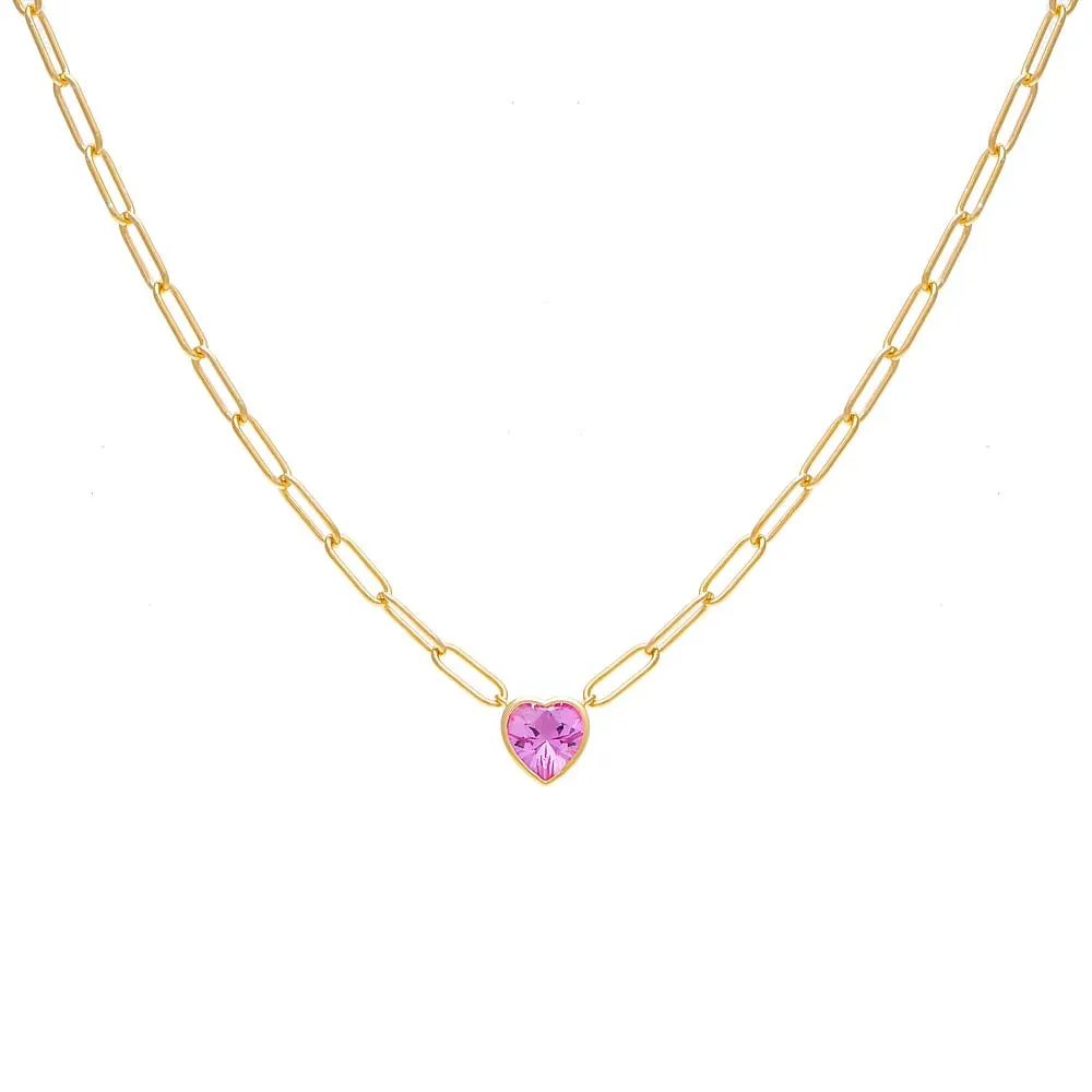 Pink Colored Bezel Heart Link Necklace sold by Adina Eden's
