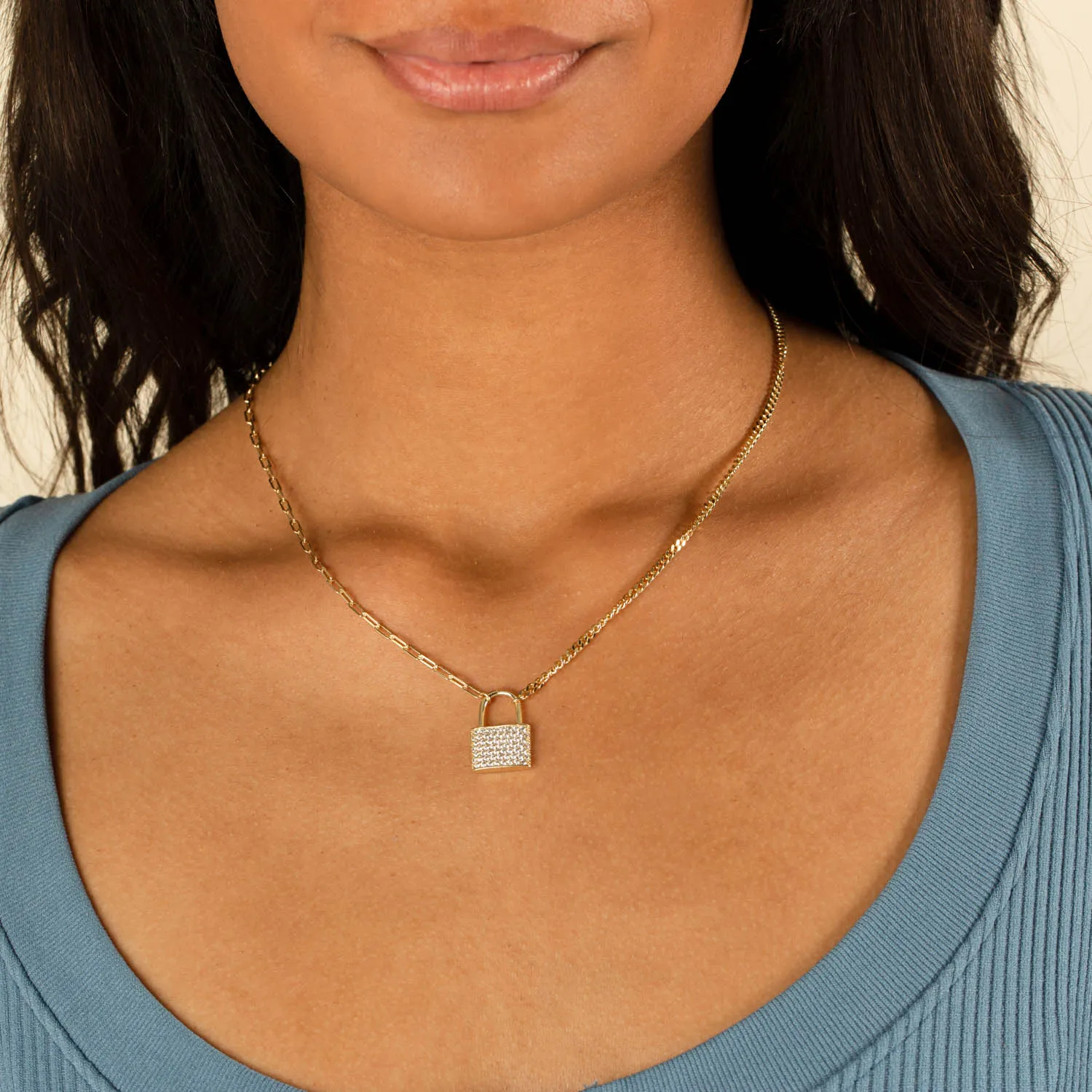 Half Pavé Mixed Chain Lock Necklace sold by Adina Eden's product image thumbnail 2