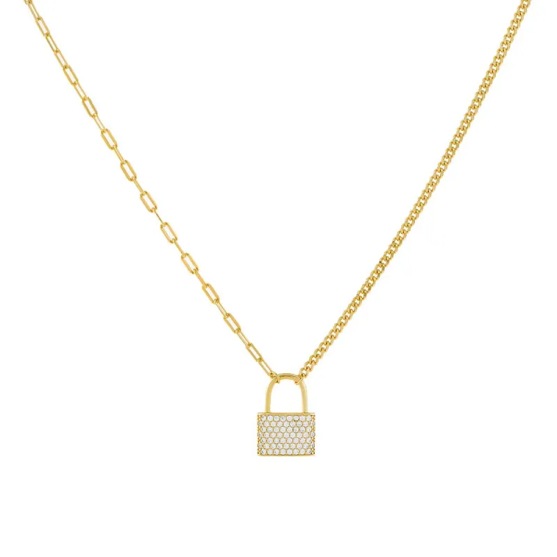 Half Pavé Mixed Chain Lock Necklace sold by Adina Eden's