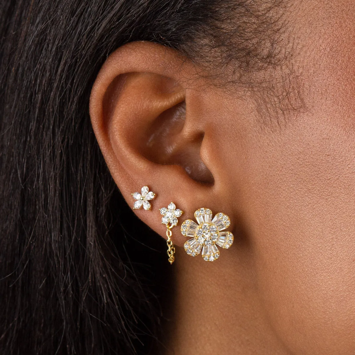 CZ 5 Petal Flower Chain Stud Earring sold by Adina Eden's product image thumbnail 2