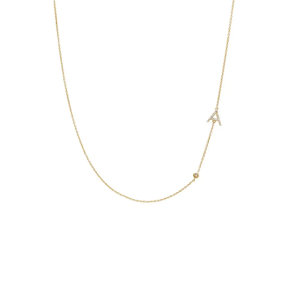 Diamond Asymmetrical Initial and Bezel Necklace 14K sold by Adina Eden's