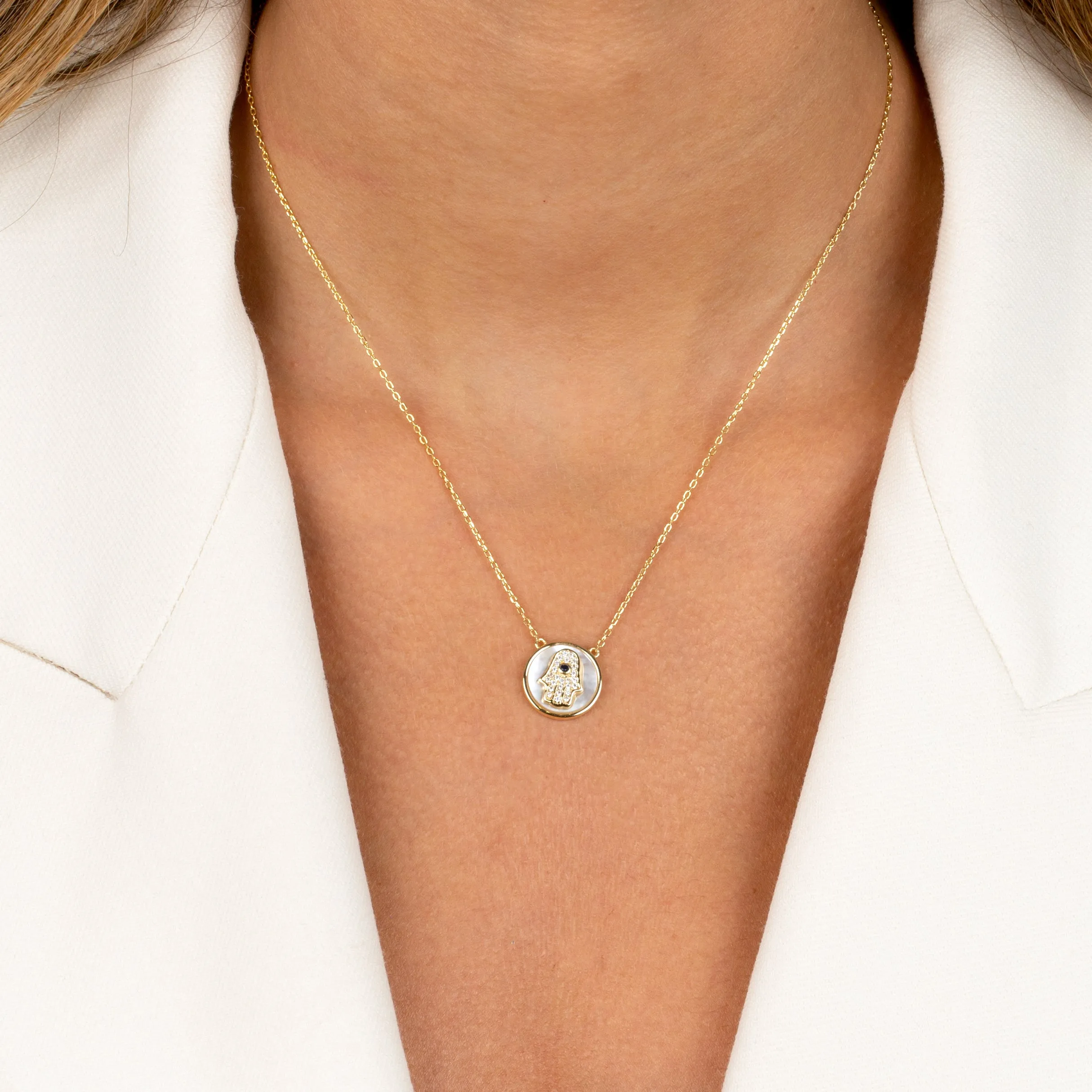 Pavé Colored Hamsa Disc Necklace sold by Adina Eden's product image thumbnail 2