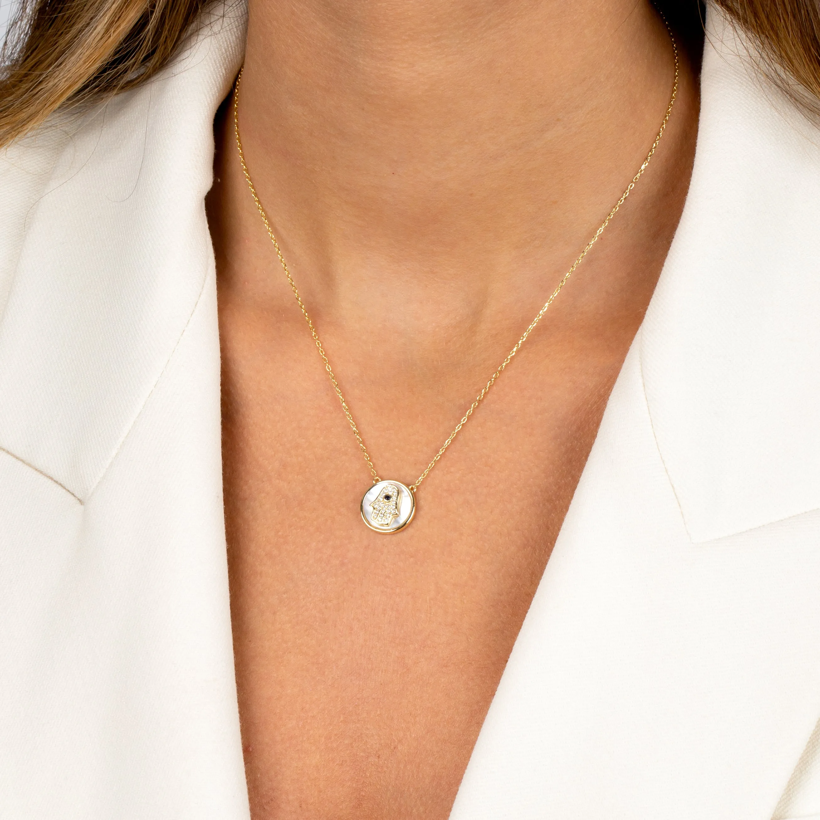 Pavé Colored Hamsa Disc Necklace sold by Adina Eden's product image thumbnail 4