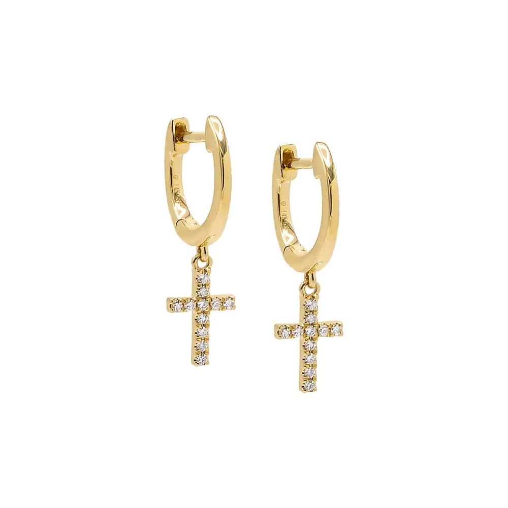 Diamond Dangling Cross Huggie Earring 14K sold by Adina Eden's