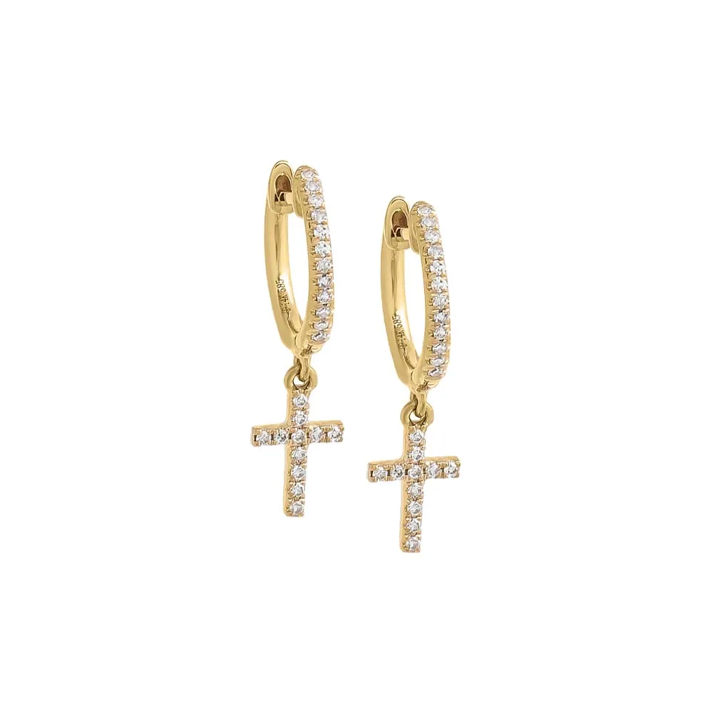 Diamond Pavé Dangling Cross Huggie Earring 14K sold by Adina Eden's
