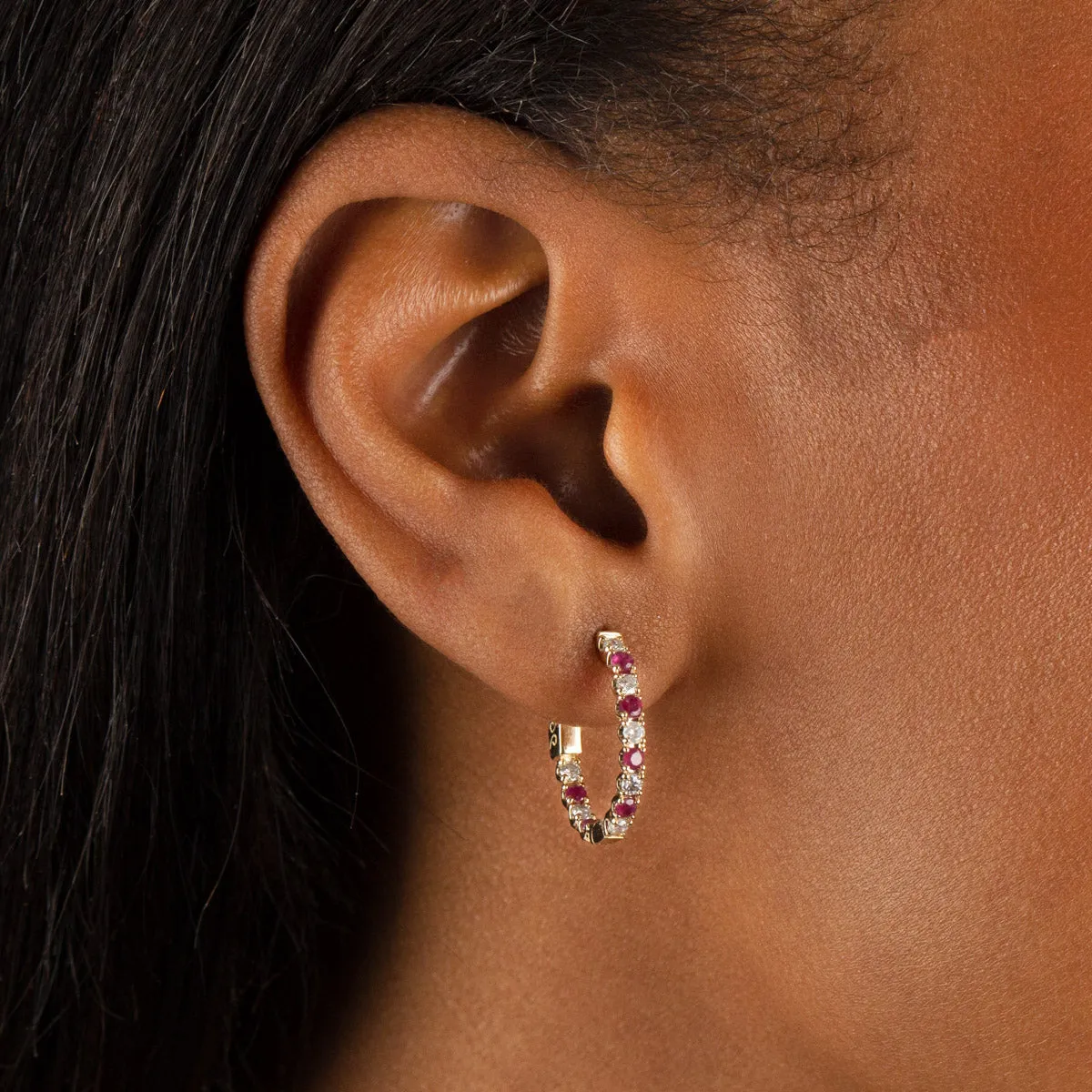 Diamond X Ruby Oval Huggie Earring 14K sold by Adina Eden's product image thumbnail 2