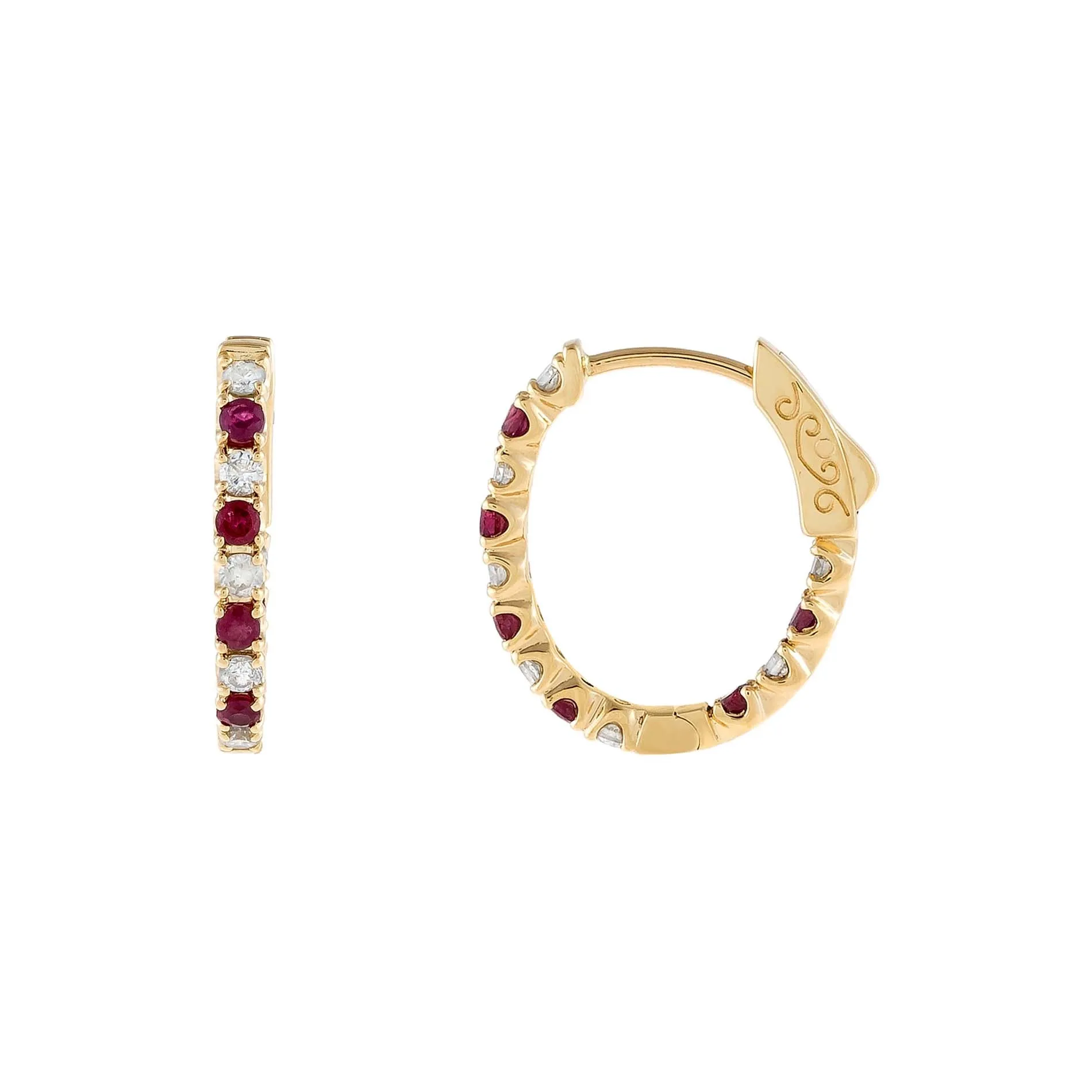 Diamond X Ruby Oval Huggie Earring 14K sold by Adina Eden's