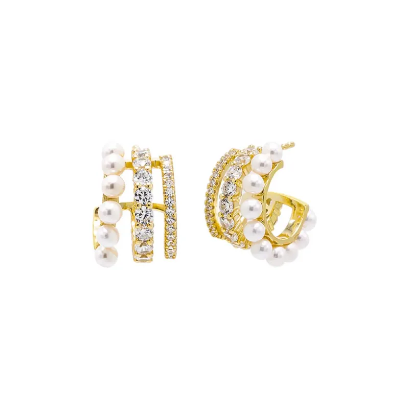 Pearl X CZ Triple Row Open Hoop Earring sold by Adina Eden's