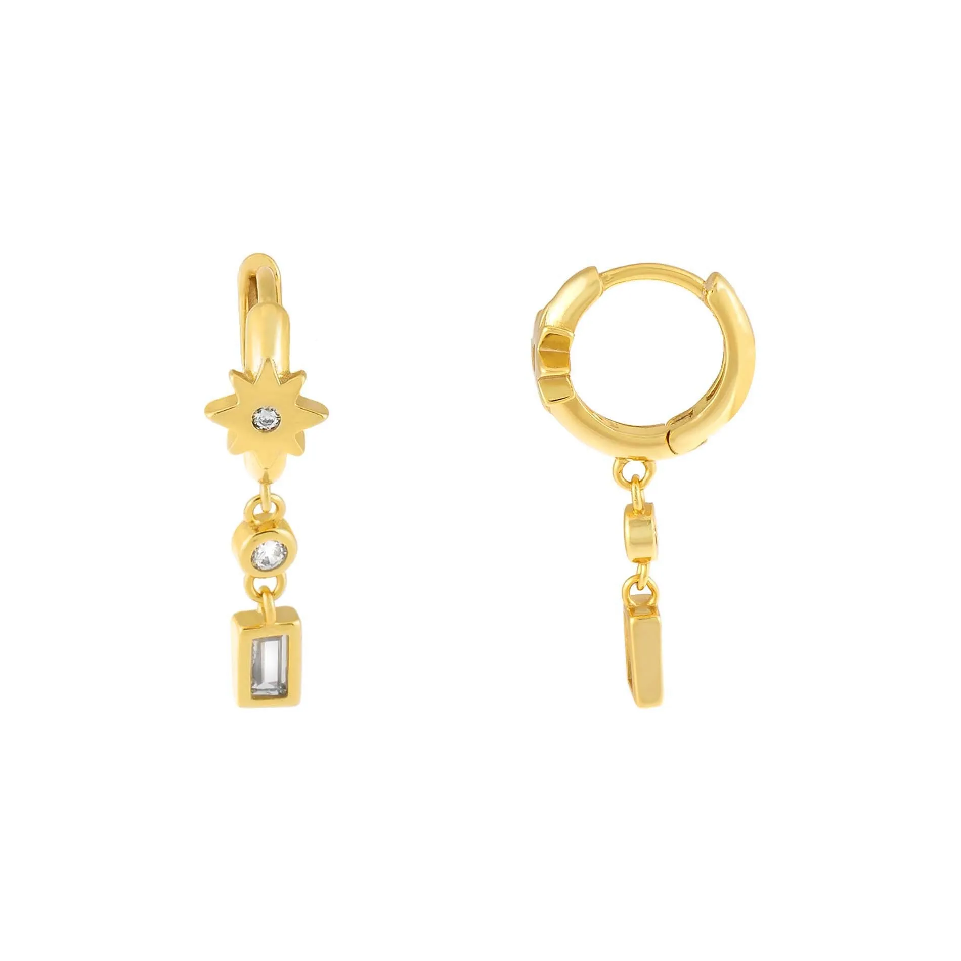 CZ Starburst X Baguette Huggie Earring sold by Adina Eden's