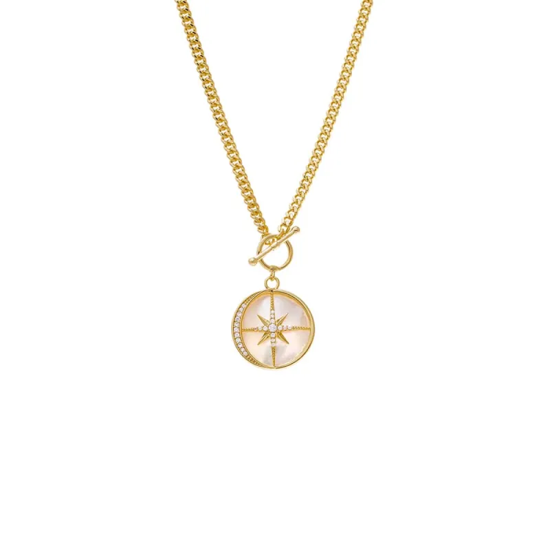 Pave Outlined Mother Of Pearl Compass Coin Necklace sold by Adina Eden's