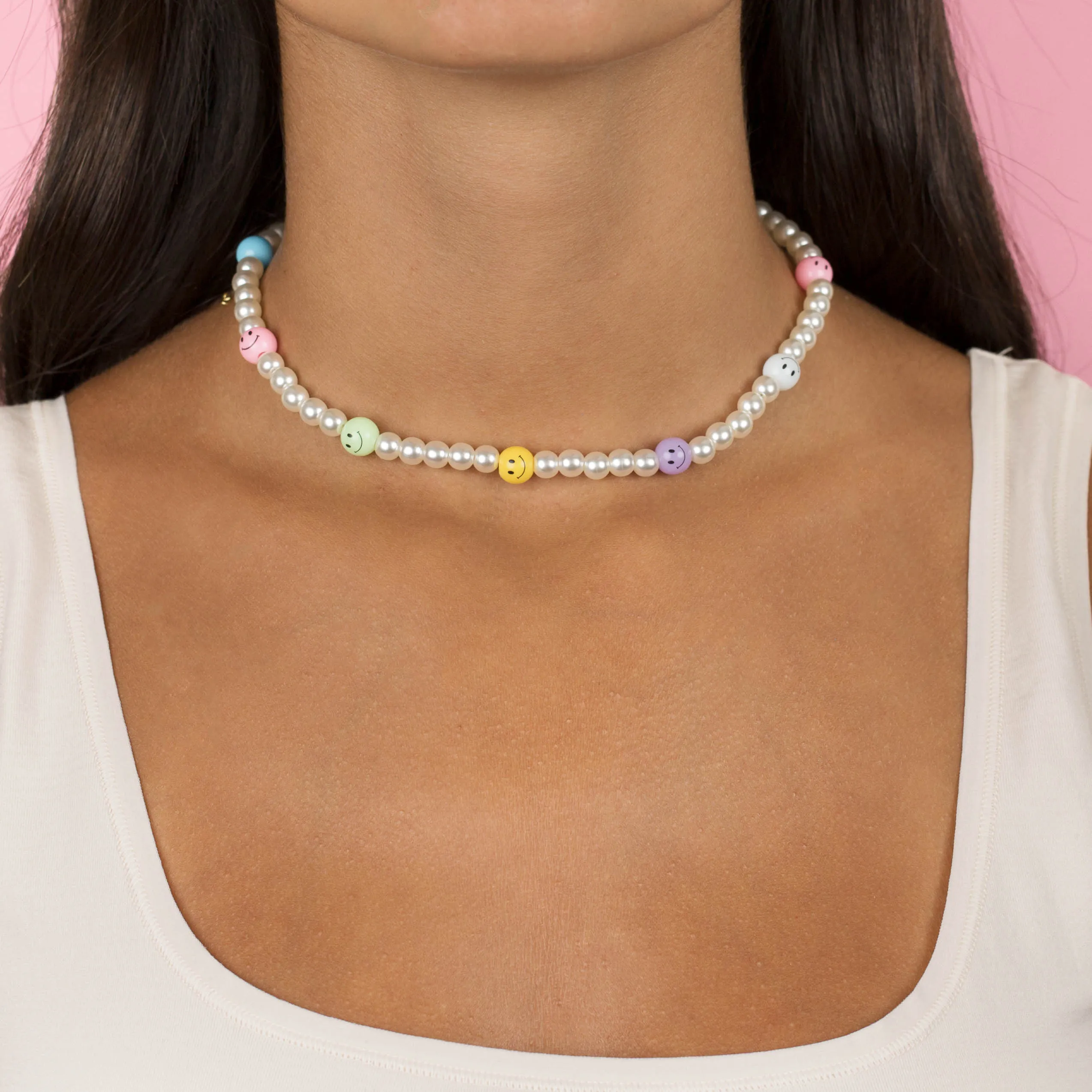 Multi Pastel Smiley Face Pearl Necklace sold by Adina Eden's product image thumbnail 2