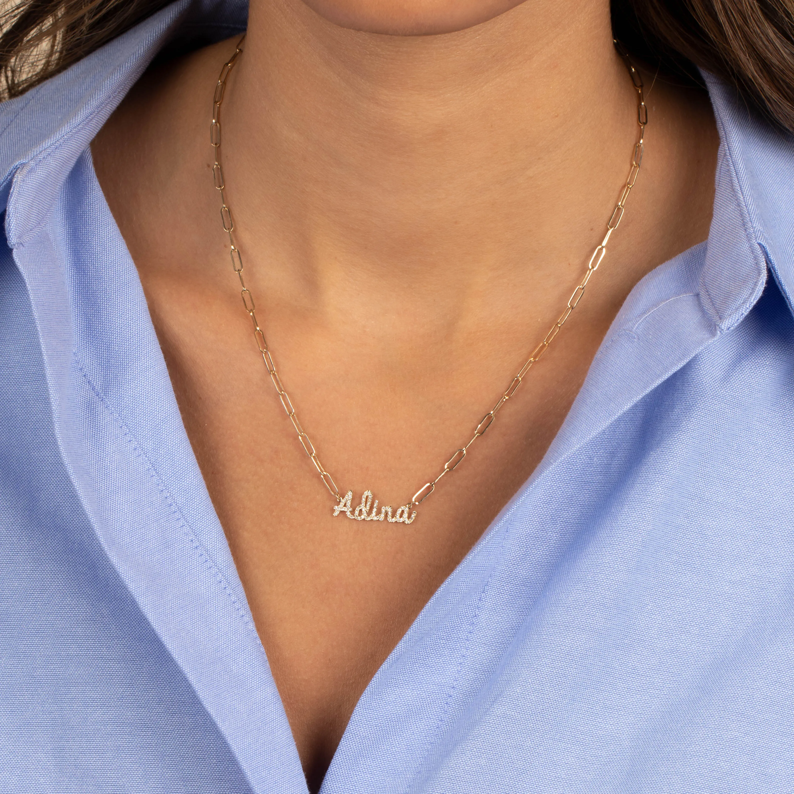Diamond Pave Script Name Paperclip Link Necklace 14K sold by Adina Eden's product image thumbnail 2