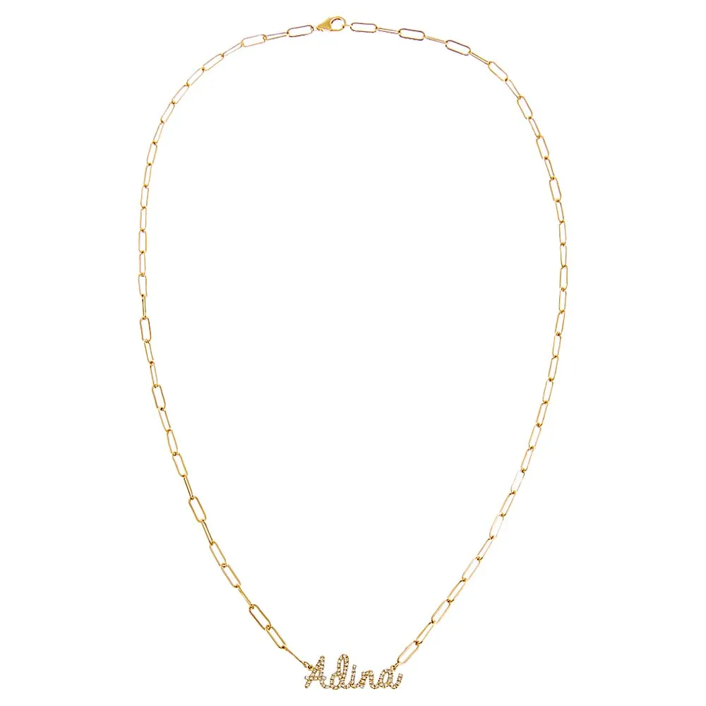 Diamond Pave Script Name Paperclip Link Necklace 14K sold by Adina Eden's product image thumbnail 3
