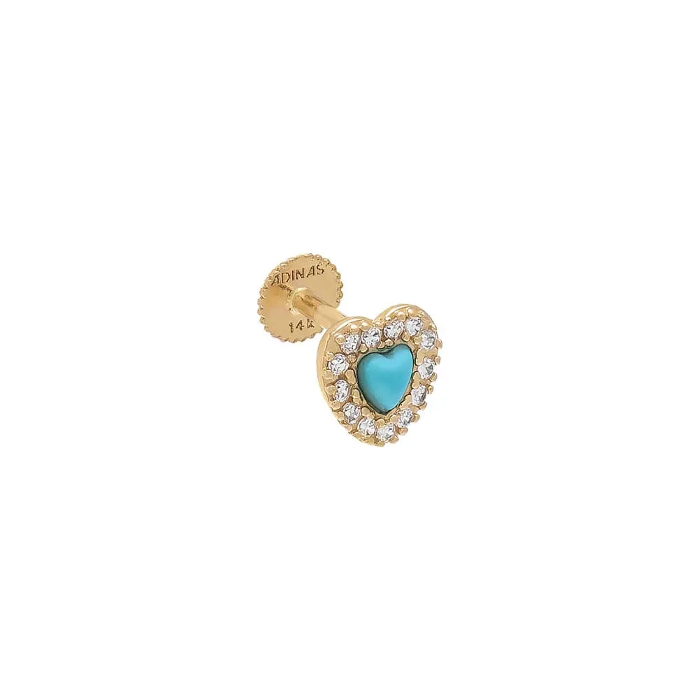 Pave Outline Turquoise Heart Threaded Stud Earring 14K sold by Adina Eden's