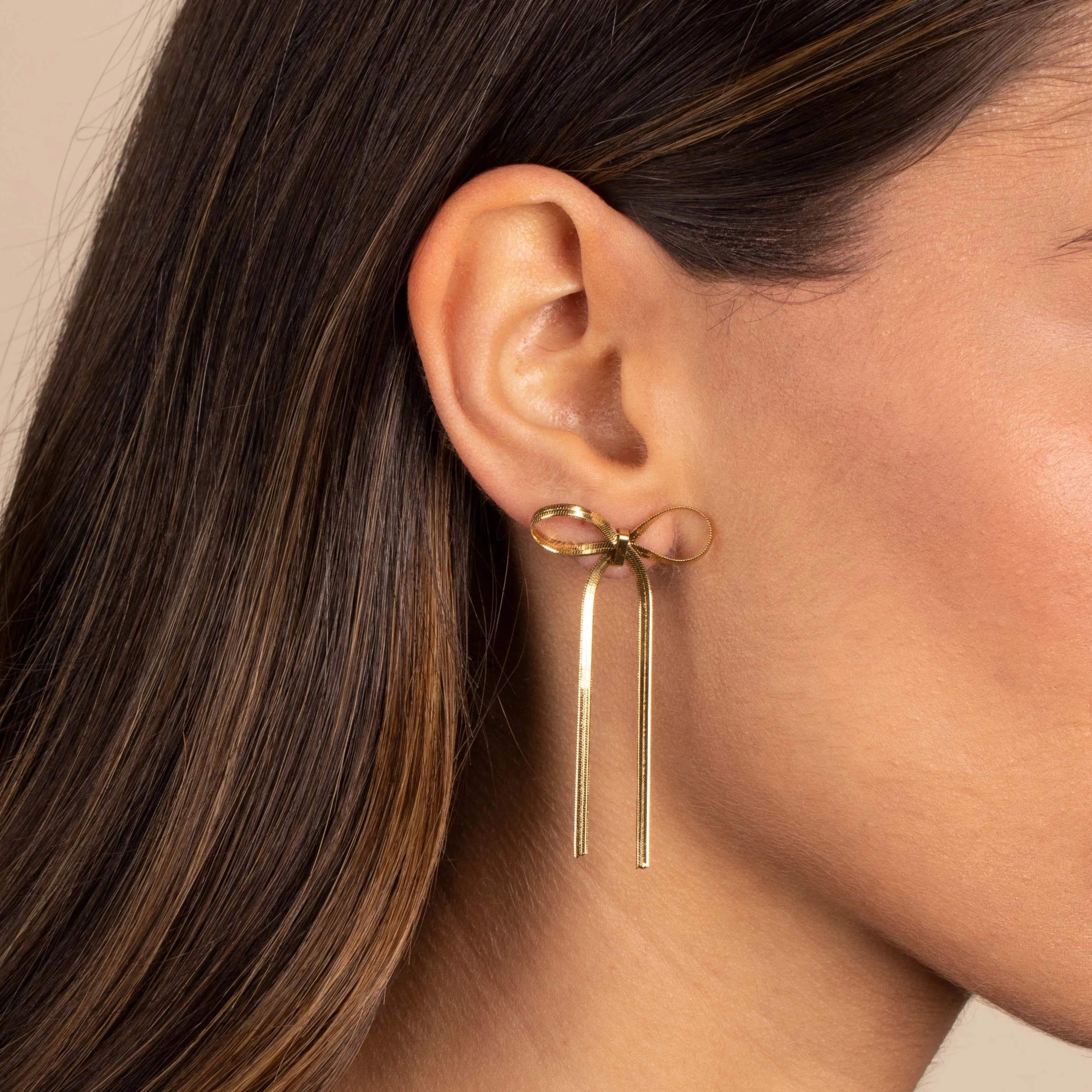 Herringbone Bow Tie Long Drop Stud Earring sold by Adina Eden's product image thumbnail 2