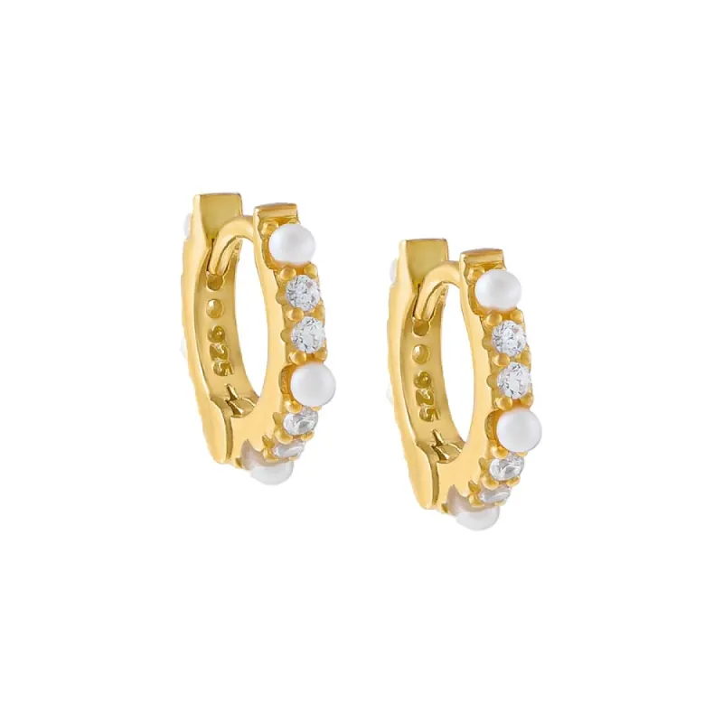 Dainty Pearl CZ Huggie Earring sold by Adina Eden's
