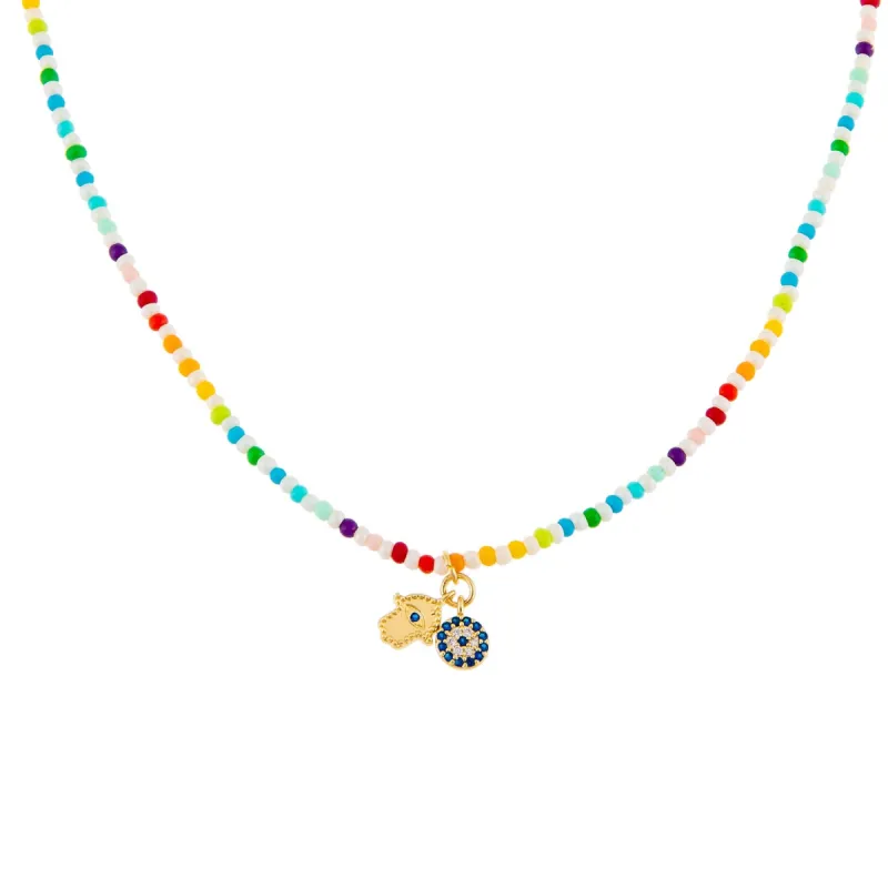 Hamsa X Evil Eye Rainbow Beaded Necklace sold by Adina Eden's