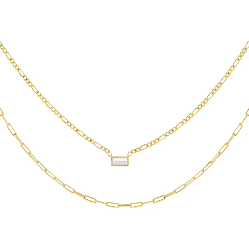 CZ Baguette Figaro X Oval Link Necklace sold by Adina Eden's