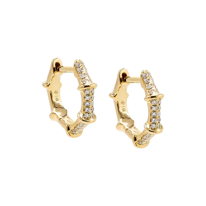 Diamond Pave Bamboo Huggie Earring 14K sold by Adina Eden's