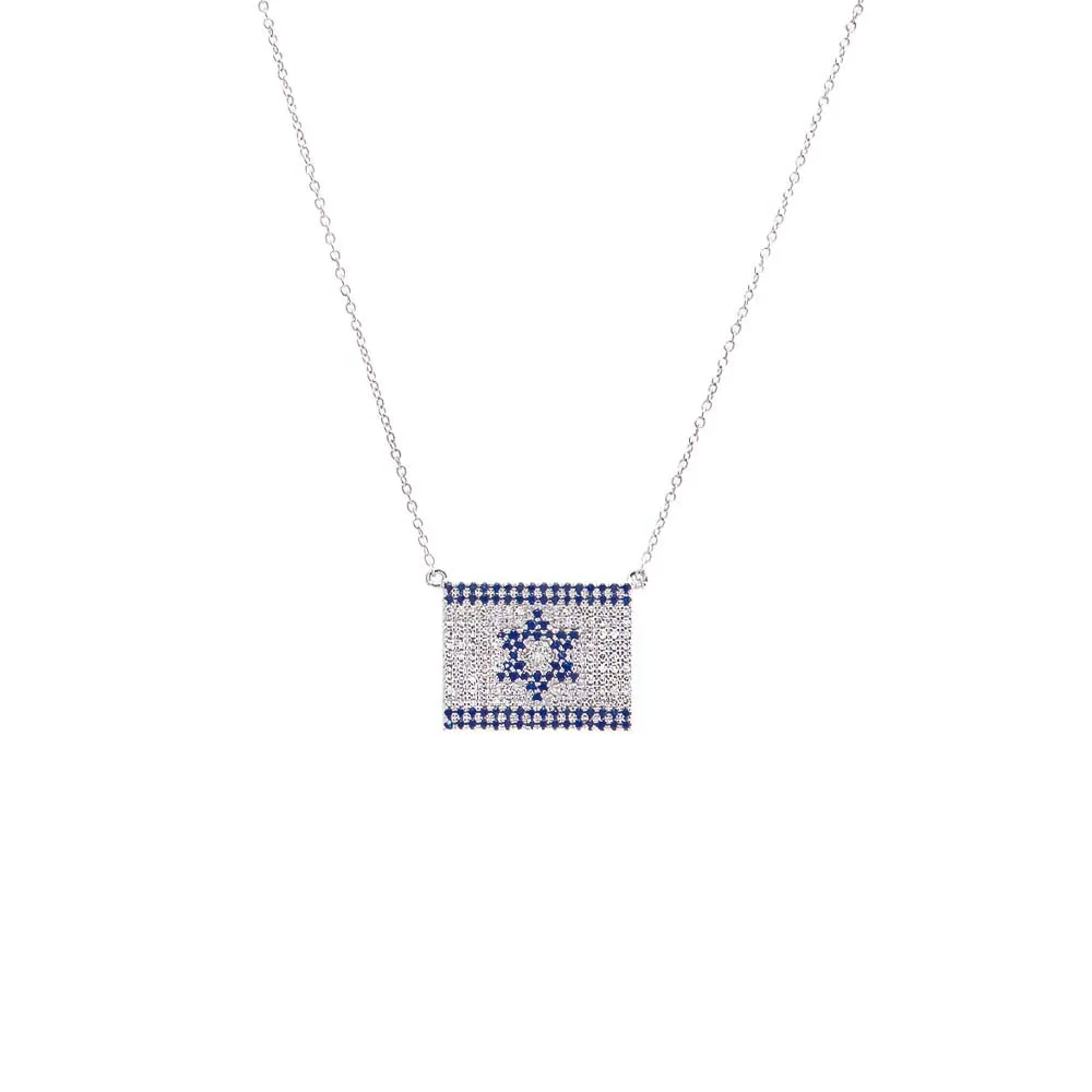 Diamond X Sapphie Blue Pave Flag Of Israel Necklace 14K sold by Adina Eden's