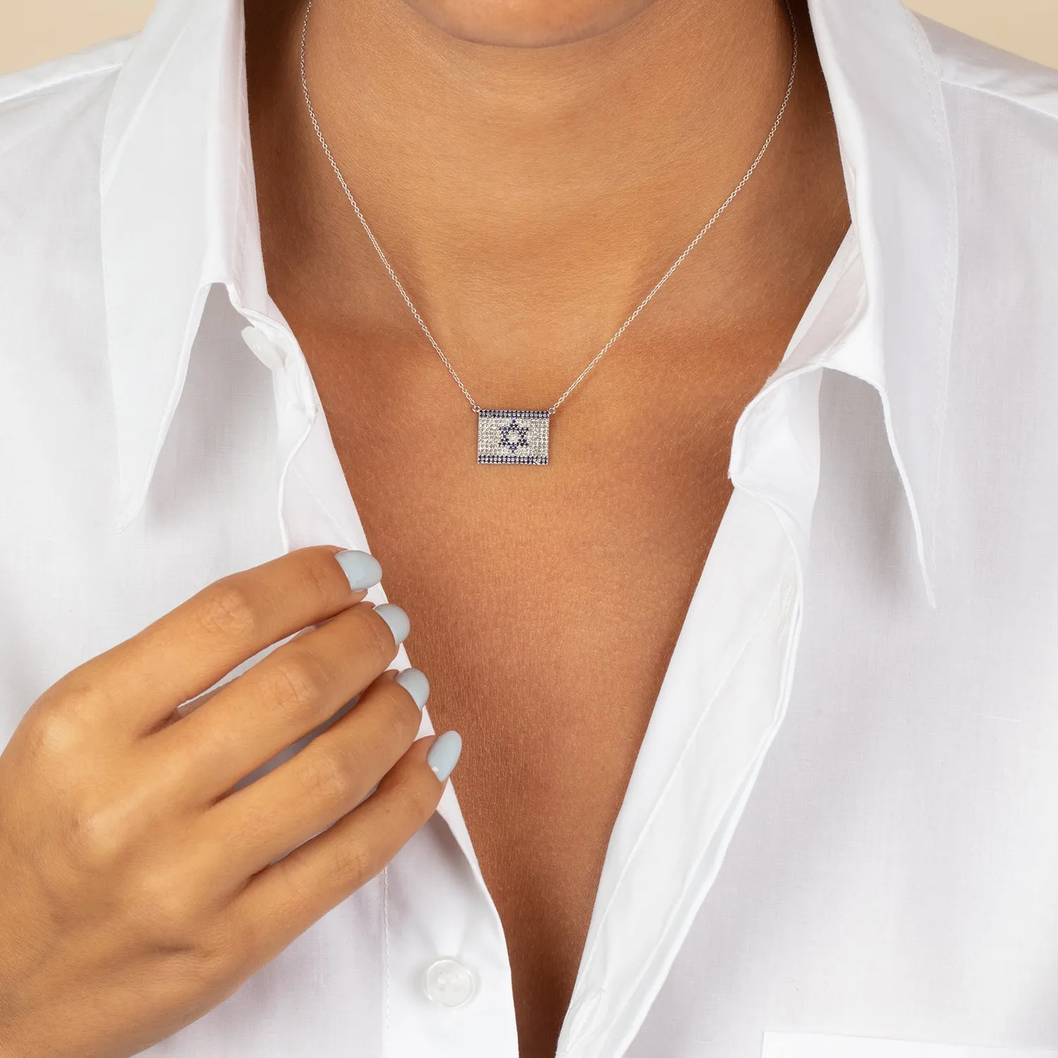 Diamond X Sapphie Blue Pave Flag Of Israel Necklace 14K sold by Adina Eden's product image thumbnail 2