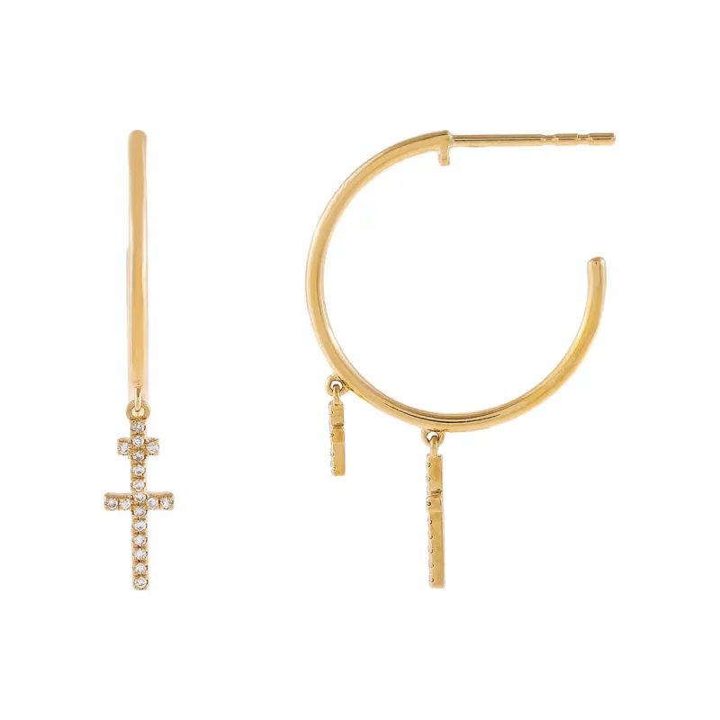 Diamond Cross Double Dangle Hoop Earring 14K sold by Adina Eden's