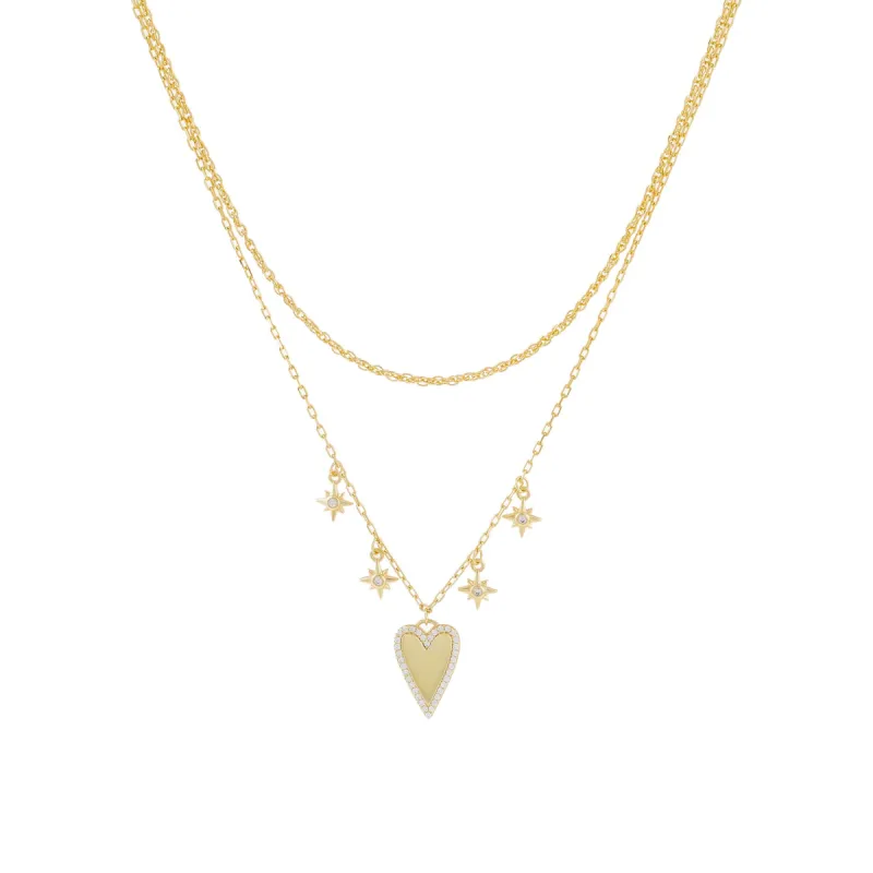 CZ Heart X Starburst Double Chain Necklace sold by Adina Eden's