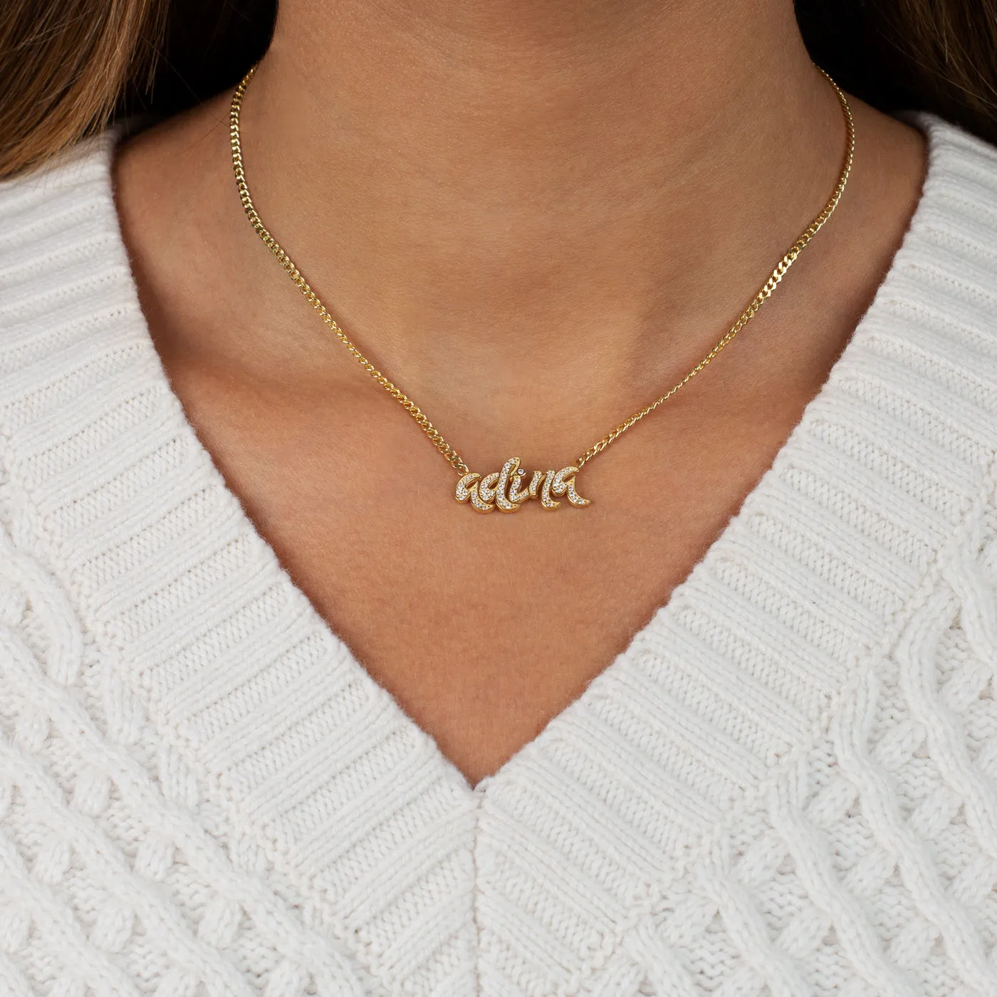 Pavé Lowercase Chunky Nameplate Necklace sold by Adina Eden's product image thumbnail 2