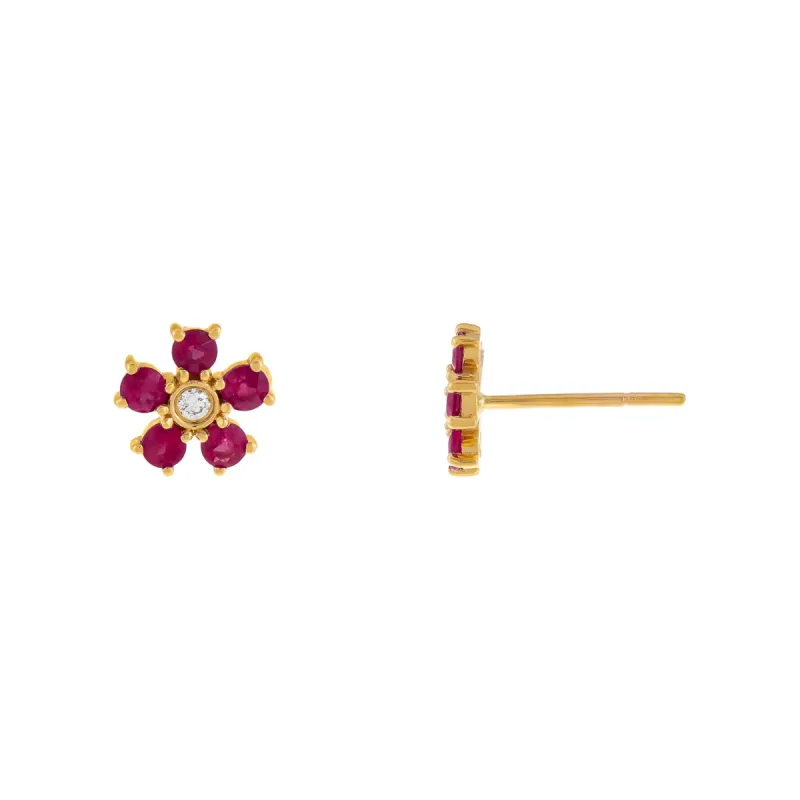 Diamond X Ruby Flower Stud Earring 14K sold by Adina Eden's