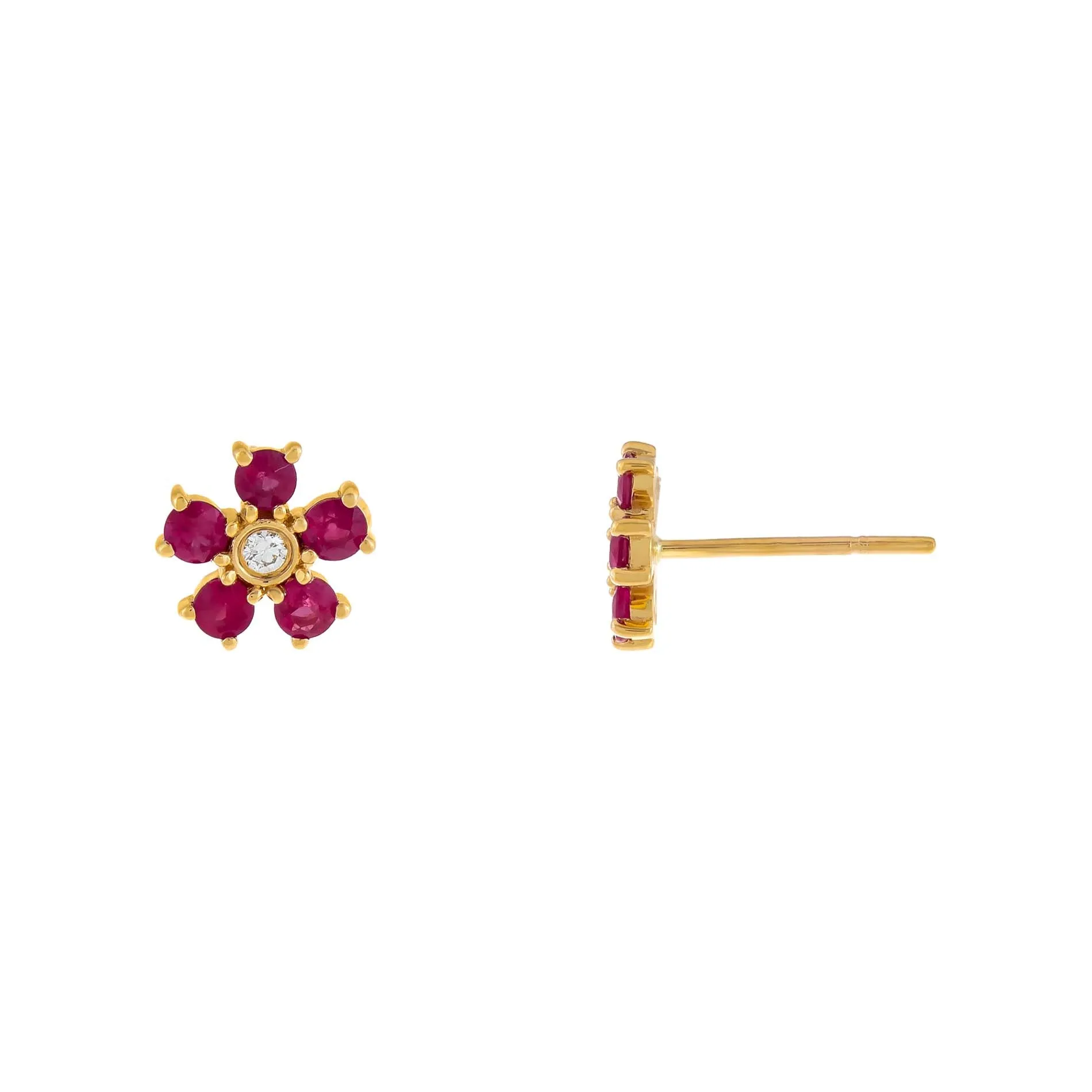 Diamond X Ruby Flower Stud Earring 14K sold by Adina Eden's