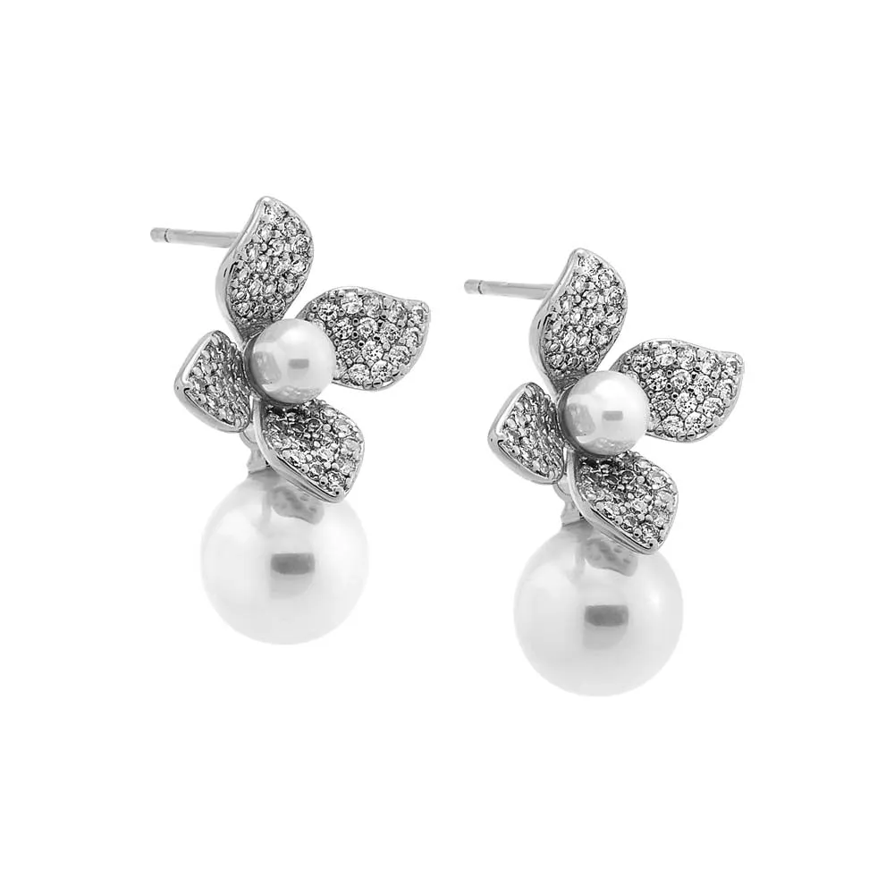 Pave Four Leaf Dangling Flower Pearl Stud Earring sold by Adina Eden's product image thumbnail 3
