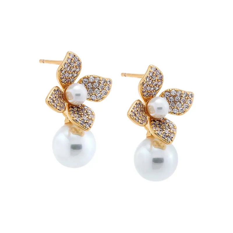 Pave Four Leaf Dangling Flower Pearl Stud Earring sold by Adina Eden's