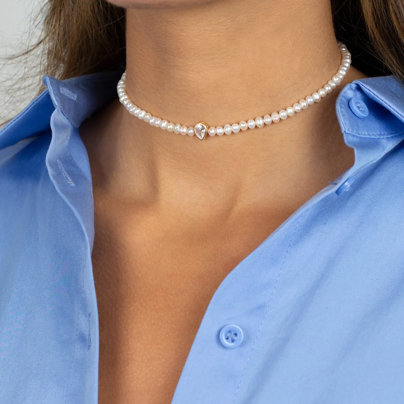 CZ Teardrop Bezel Pearl Choker sold by Adina Eden's product image thumbnail 3