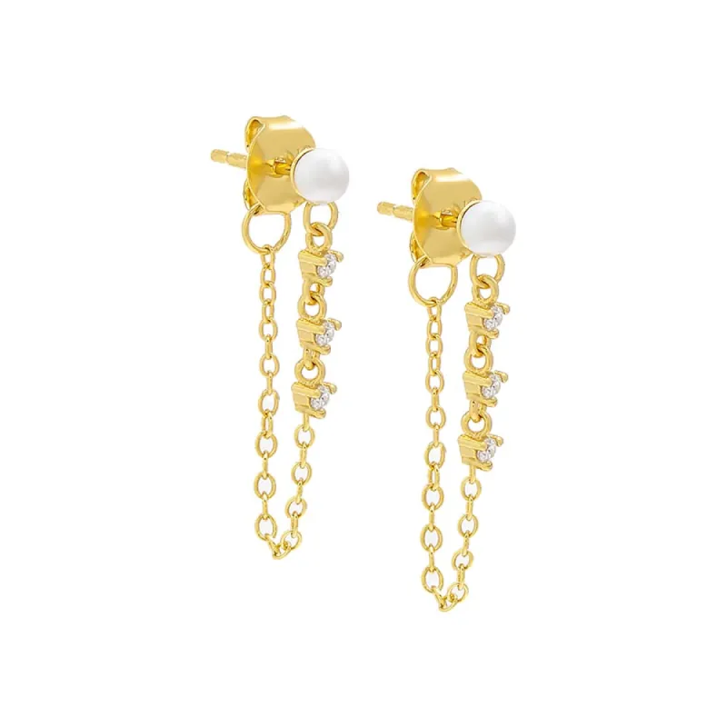 Pearl X CZ Front Back Chain Stud Earring sold by Adina Eden's