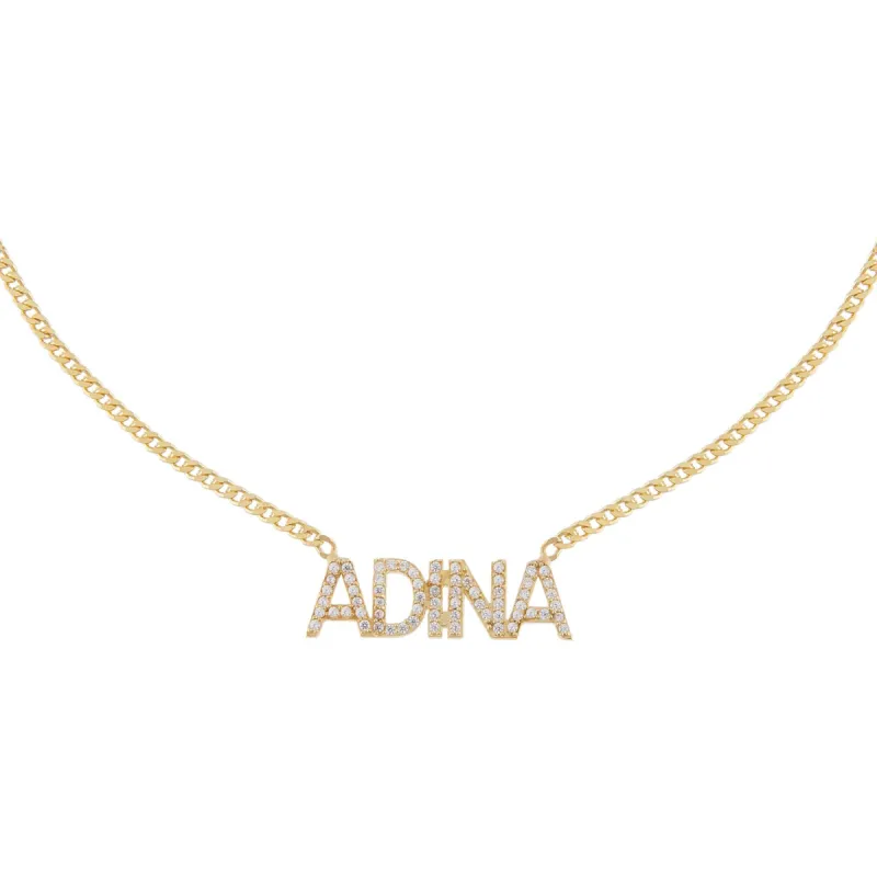 Pavé Block Nameplate Necklace sold by Adina Eden's