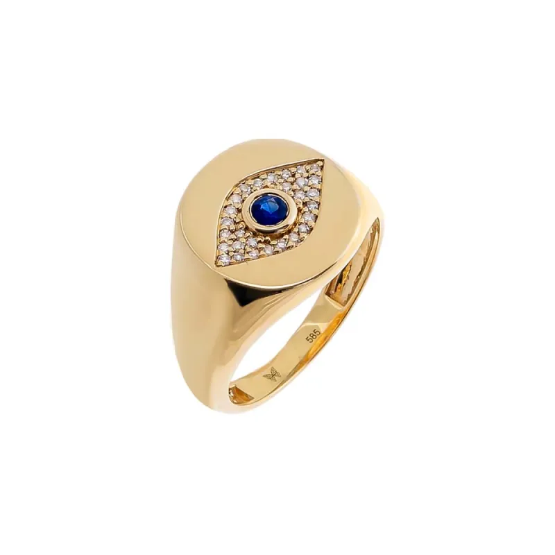 Diamond X Sapphire Blue Evil Eye Signet Pinky Ring 14K sold by Adina Eden's