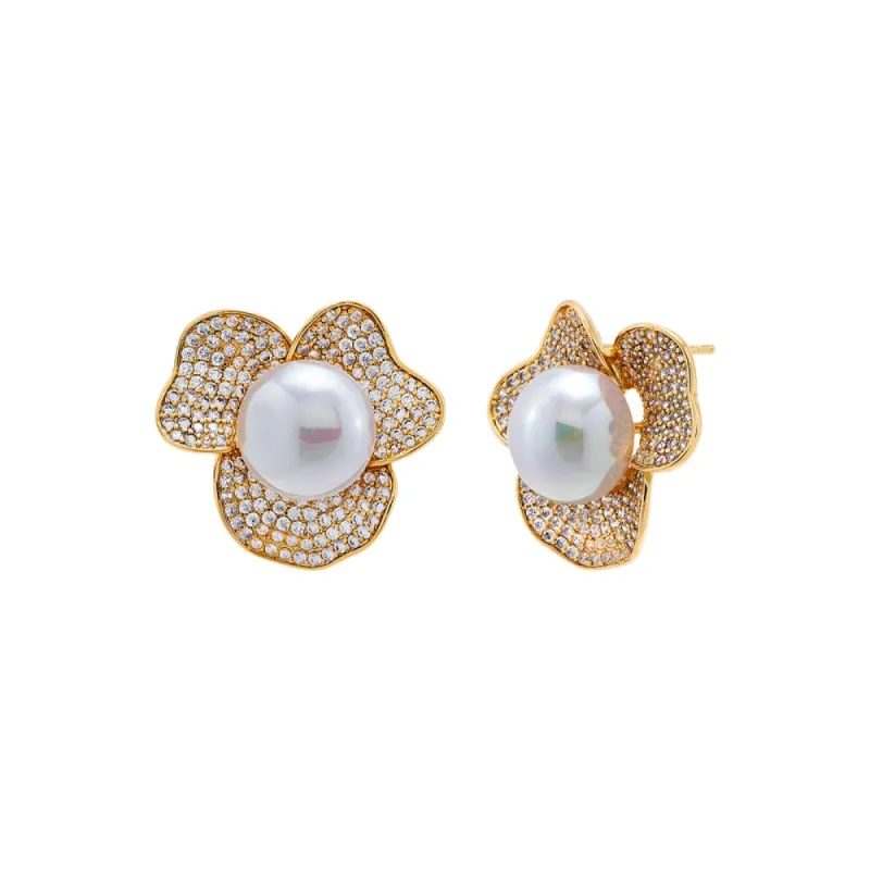 Pave Three Petal Pearl Stud Earring sold by Adina Eden's