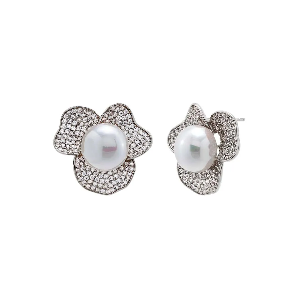 Pave Three Petal Pearl Stud Earring sold by Adina Eden's product image thumbnail 3