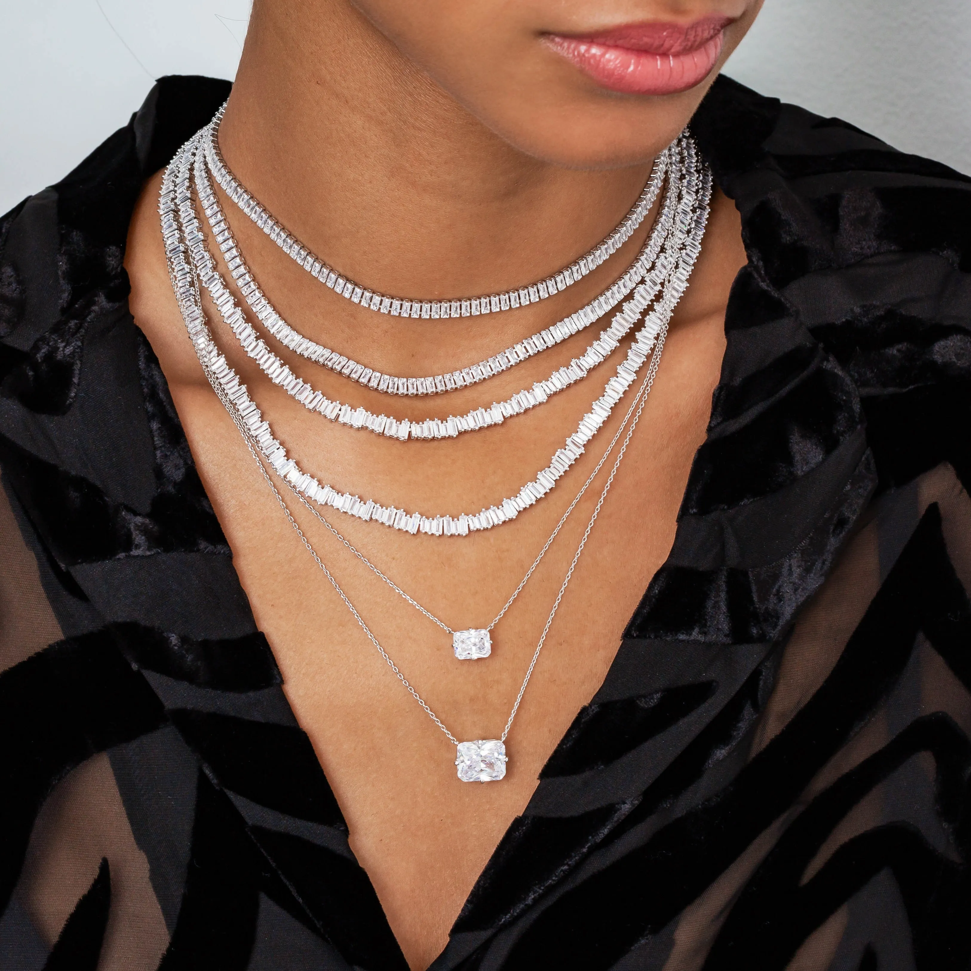 CZ Scattered Baguette Tennis Necklace sold by Adina Eden's product image thumbnail 3