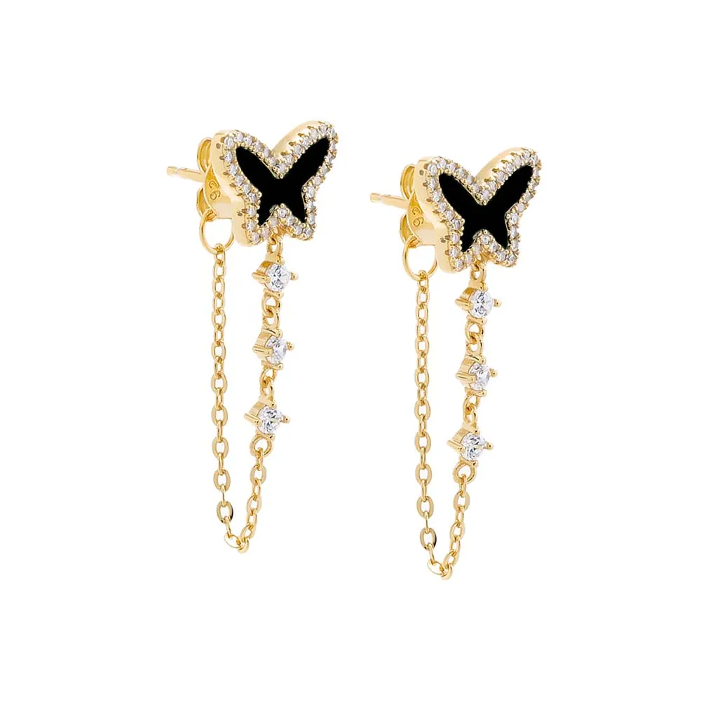 Pave Colored Stone Butterfly Drop Chain Stud Earring sold by Adina Eden's product image thumbnail 5