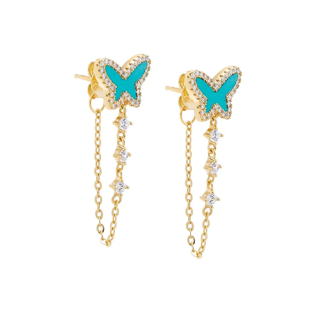 Pave Colored Stone Butterfly Drop Chain Stud Earring sold by Adina Eden's product image thumbnail 3
