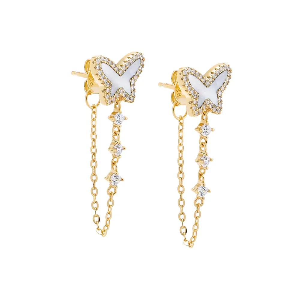 Pave Colored Stone Butterfly Drop Chain Stud Earring sold by Adina Eden's