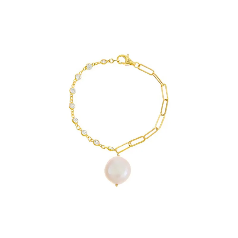 CZ Bezel X Paperclip Pearl Chain Bracelet sold by Adina Eden's