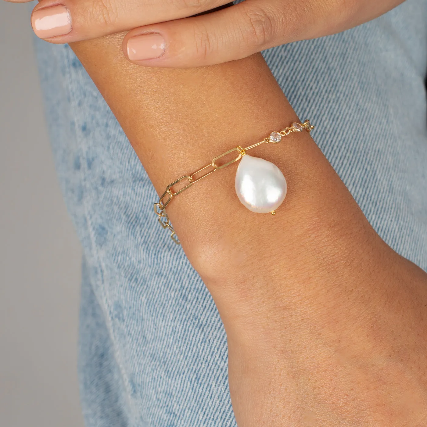 CZ Bezel X Paperclip Pearl Chain Bracelet sold by Adina Eden's product image thumbnail 2