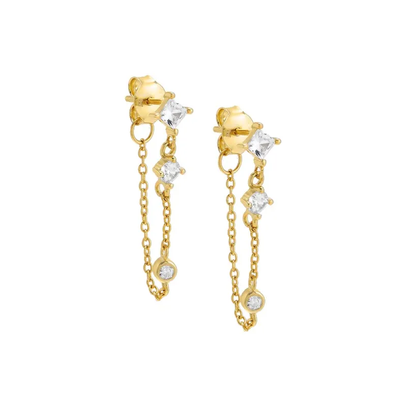 Triple Colored Stone Front Back Chain Stud Earring sold by Adina Eden's