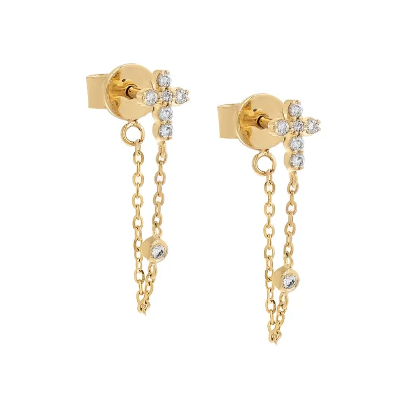 Diamond Cross Front Back Chain Stud Earring 14K sold by Adina Eden's