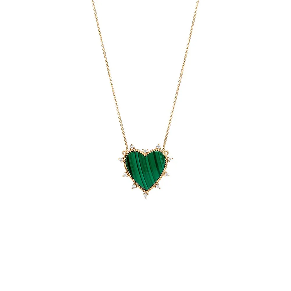 Diamond X Green Malachite Heart Necklace 14K sold by Adina Eden's