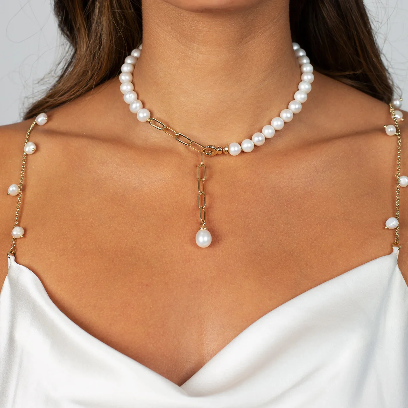 Pearl X Paperclip Chain Lariat Necklace 14K sold by Adina Eden's product image thumbnail 2